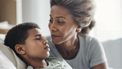 Imagem com uma janela ao fundo e uma mãe e um filho pretos. O filho está deitado na cama adoecido e a mãe olhando para ele com carinho e cuiodando dele, ele está deitado em uma cama