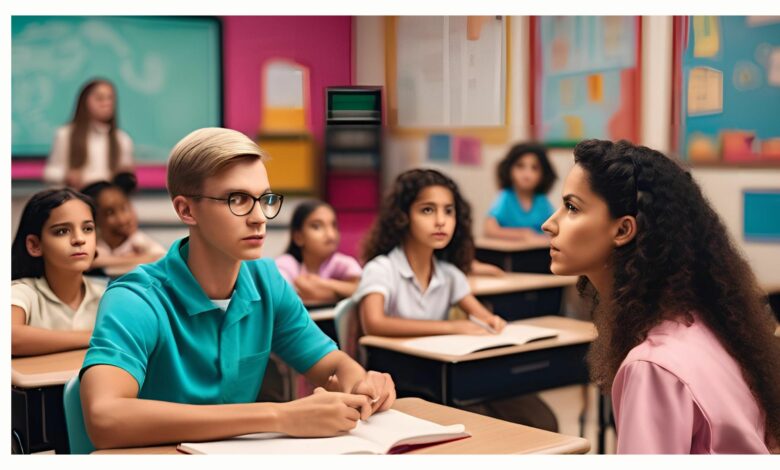 Imagem de uma sala de aula ao fundo, com uma professora preto sentado ao lado de um menino loiro de uns 10 anos, ela está ao lado dele abaixado sendo o acompanhante especializado para ele fazer sua lição, não dá para ver os outros alunos da classe, capa criada com IA por Leticia Lefevre