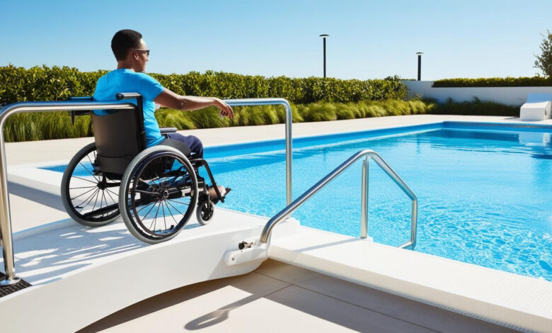 Imagem feita em IA de uma pessoa com deficiência preta na cadeira de rodas acessando a piscina por meio de uma plataforma num dia de sol