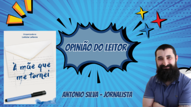 Imagem de fundo azul, com uma cópia do livro à mãe que me tornei, no centro uma onomatipéia com o texto opinião do leitor e no cantp direito a foto de anronio silva